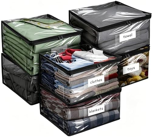 Plastic Storage Bags with Easy-Glide Zipper, Pack of 6, Durable Clear Vinyl Zippered Storage Bags for Clothes Sweaters Comforters Blankets Sheets Bedding (23.6 x 16.9 x 13.8 Inch, Transparent Black)