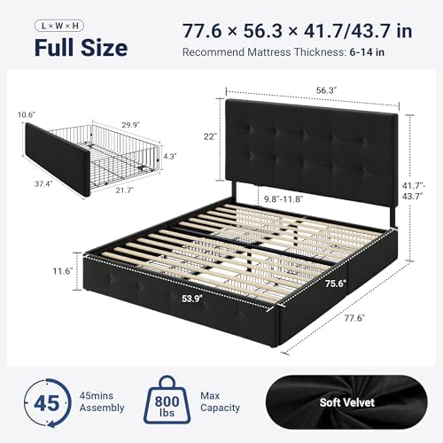 Allewie Full Size Storage Bed Frame with 4 Underbed Drawers, Soft Black