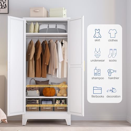 GAIOUS Metal Wardrobe Cabinet with Mirror and Hanging Rod, 71" White