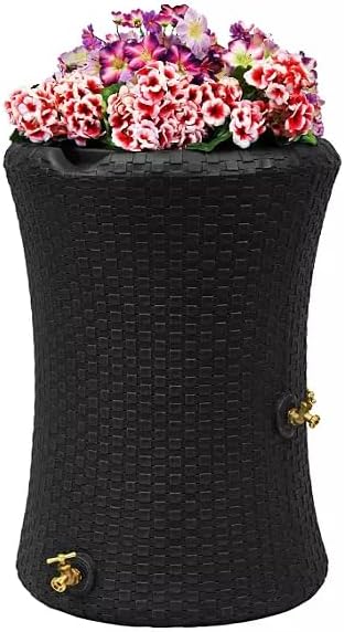 Beautiful Nantucket Wicker Rain Barrel with Planter top, 50 Gallon, The New Way reinvents How You Harvest rainwater. Decorave Design for Garden, Backyard or Patio. (Black, 50 Gallon)
