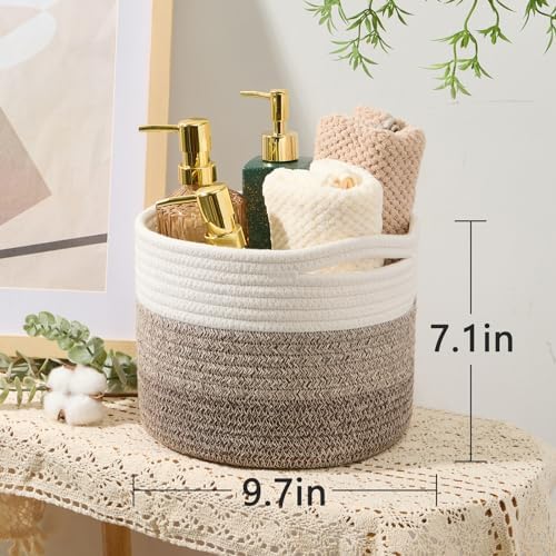 MiniArk Small Basket for Organizing | Cube Shelf Closet Storage Baskets | 9.7×9.7×7.1” | Woven Rope Gift Basket | Nursery | Round 3 Packs Gradient Brown