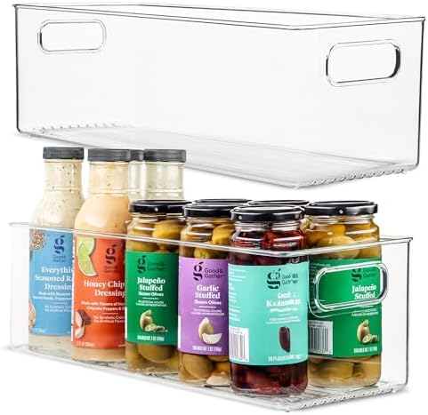 Plastic Food Storage 2 Pack Clear Container Bin with Handles for Organizing Kitchen, Pantry, Fridge, Freezer, Pantry, Bathroom. 14"x6"5"