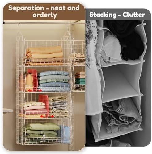 4 Tier Extra Large Hanging Closet Organizer ,Closet Organizer Hanging with 5 S Hooks 4 Dividers,Clothes Organizer Clothing Sweaters Clutches Handbags Hats Accessories-White