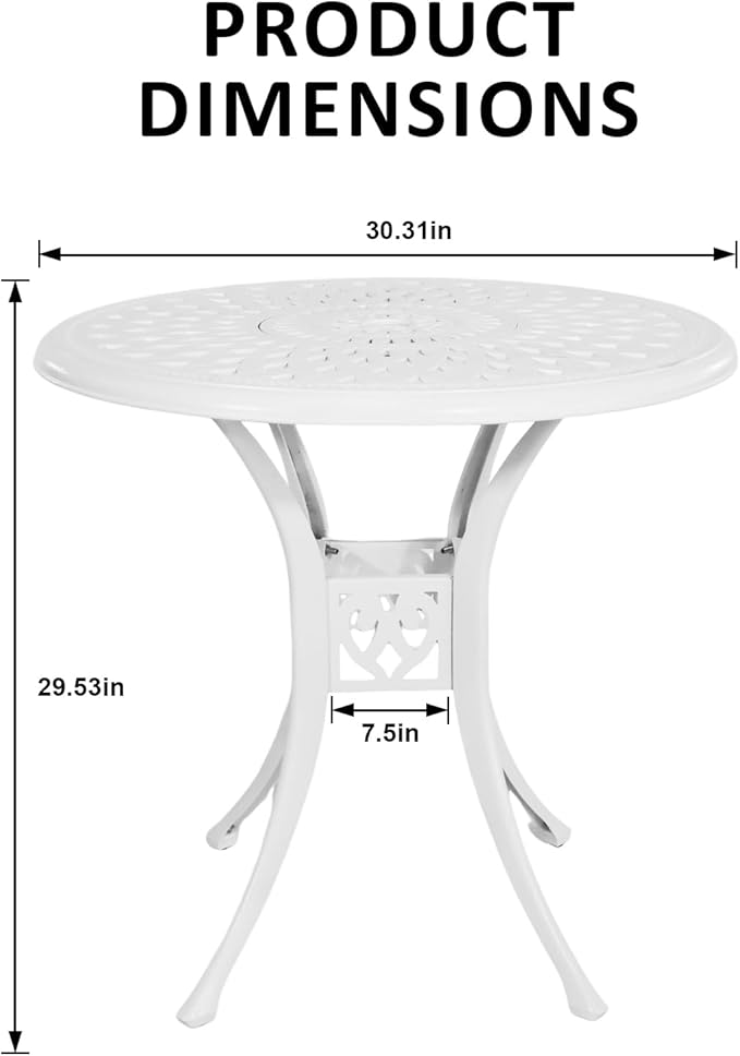 30.31" Patio Bistro Table with 2.36" Umbrella Hole, Cast Aluminum Outdoor Dinning Table for Garden Porch Backyard