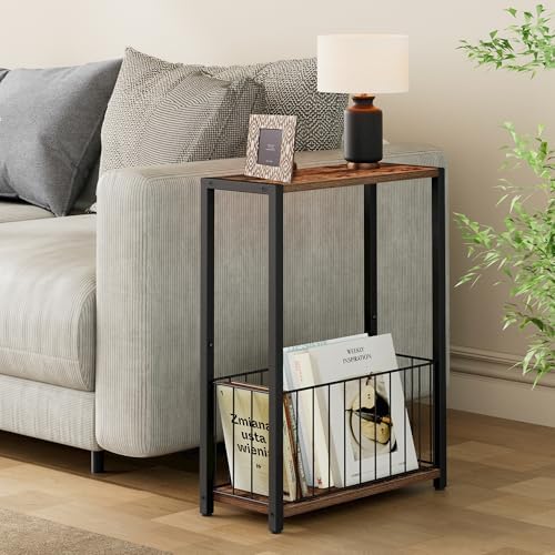 Homleke Narrow Side Table with Magazine Holder, Skinny End Table