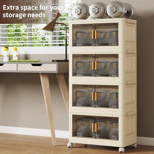4 Tier Stackable Storage Bins with Lid and Wheels, Storage Cabinet