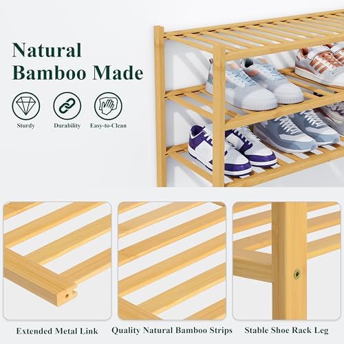 Smiry Bamboo Shoe Rack, 14 Vertical Slats, 3 Tier - 26.8" Wide, Natural