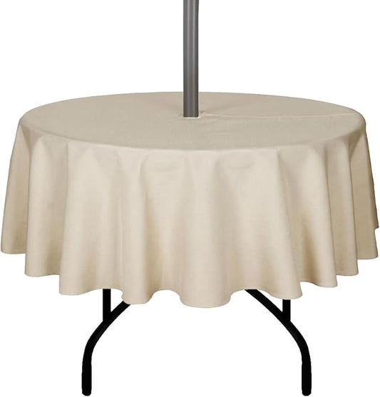 Outdoor Tablecloth Wrinkle-Free Stain Resistant Waterproof Polyester Fabric Table Cover with Zipper Umbrella Hole for Picnic/Party/Dinner/Patio Garden(70inch Round,Zippered,Nature)