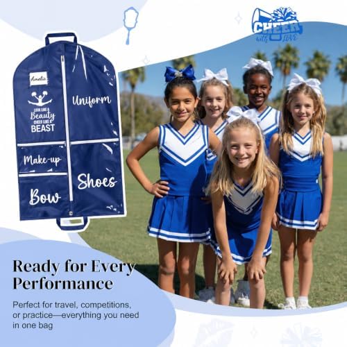 DEEKA 3 Pack Cheer Garment Bag for Hanging Clothes with Zipper Pockets Cheer Accessories Mom Essentials Uniform Costume 40 Inch Black Bags Stuff for Cheerleading Girls (Navy Blue,White-Cheer Quote)