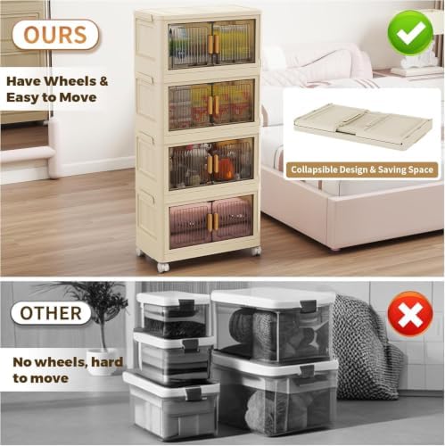 Stackable Plastic Storage Bins with Lids 4 Tier, Collapsible Closet Organizers and Storage with Wheels for Living Room,Office,Dorm 18.9" W x 10.6" D x 37.8" H