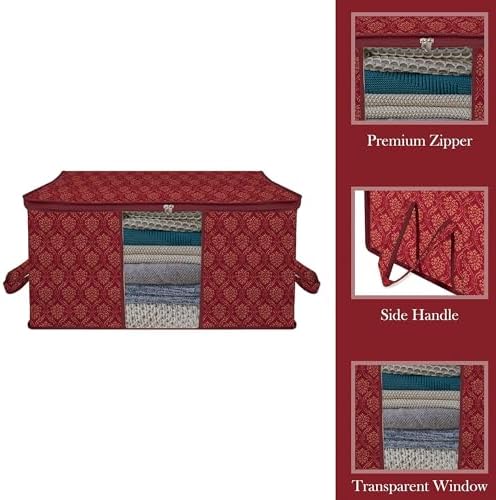 Kuber Industries (Pack of 12) Underbed Storage Bag | Golden Printed | Large Blanket Organizer | Clothing Storage Bag | Clear Window & Handle Storage Bag | Kambal Storage Bag | Maroon