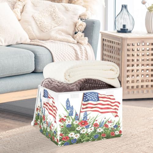 senya July Fourth Baskets Collapsible Storage Bins with Lids, Wildflowers American Flag Storage Boxes Clothes Baskets for Organizing