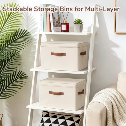 CHICVITA 4-Pack Medium Fabric Storage Baskets with Lids for Shelves,Ivory