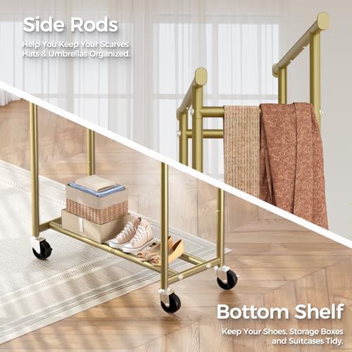 HYSEYY Clothes Rack, Double Rods Rolling Clothing Rack for Hanging Clothes, Portable Garment Rack with Wheels, Coat Rack Wardrobe Closet Load 240 LBS for Bedroom Laundry Room (Glod, L)
