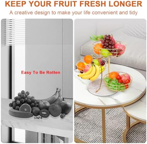 Livabber Fruit Basket Bowl with Banana Hanger, Metal Fruit Vegetable Storage Basket with Banana Holder for Kitchen Counter, Detachable Organizer for Bread Snack Produce (Gold, 3-Tier Marble Base)