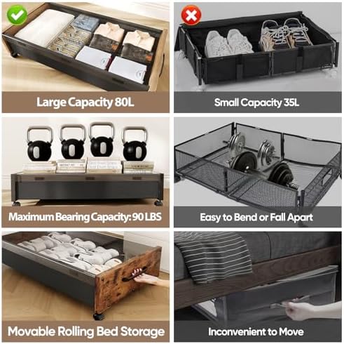 KITHELP Wooden Under Bed Storage with Wheels, 80L Extra-large Rolling Under the Bed Storage Bins 2 Pack with Removable Lid, Upgrade Metal Under Bed Drawers for Clothes Shoes Blankets in Bedroom