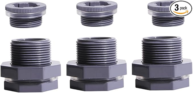 Ququyi 1/2 Inch PVC Bulkhead Water Tank Connector Adapter Fitting with Plugs Thru-Bulk Pipe Fitting for Rain Barrels, Aquariums, Ponds(Set of 3)