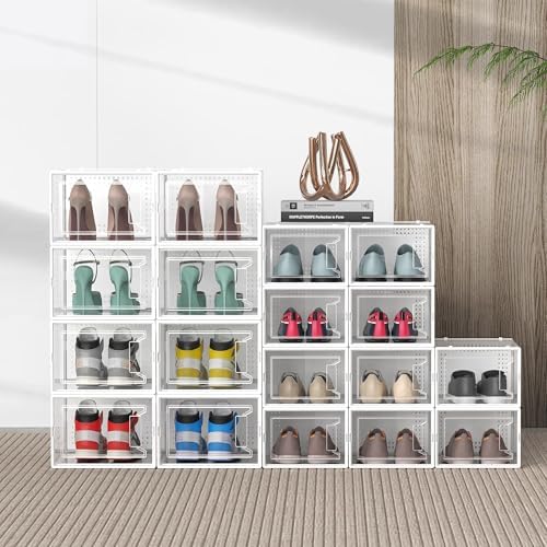 12 Pack Large Stackable Clear Plastic Shoe Storage Boxes Organizer, White