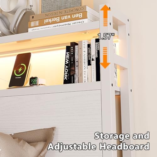 VINGLI Metal Bed Frame King with 4 Drawers and Storage Wooden Headboard Shelves, Platform with Charging Station and LED Lights, White
