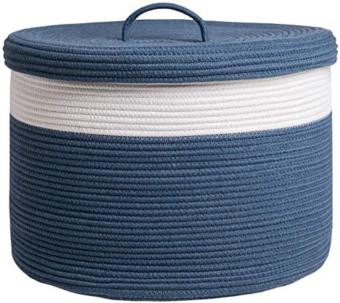 20x15 Inch Extra Large Round Cotton Rope Storage Basket with Lid, Decorative Woven Bin with Cover for Living Room Bedroom Closet, Dark Blue