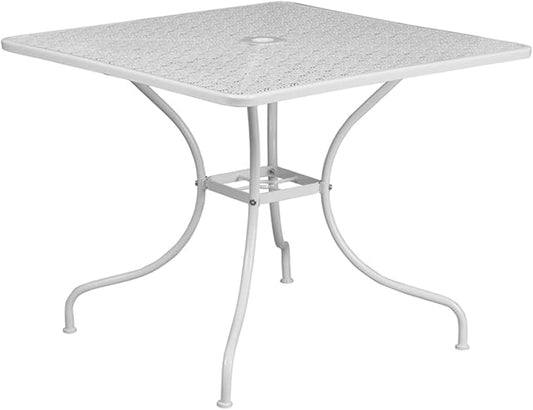 Flash Furniture Oia Commercial Grade 35.5" Square White Indoor-Outdoor Steel Patio Table with Umbrella Hole