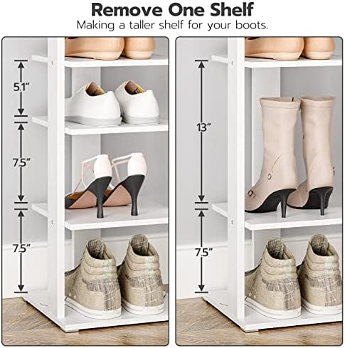 HOOBRO 8 Tiers Vertical Shoe Rack, Wooden Shoe Storage Organizer with Hooks, Narrow Shoe Tower for 8 Pairs, Space Saving, for Entryway, Living Room, Bedroom, White WT07XJ01G1
