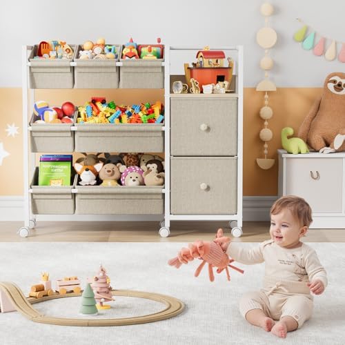 Modanais Kids Toy Organizers and Storage Bins, Off White | 7 Storage Bins + 2 Fabric Drawers + 1 Bookshelf, Playroom Storage, Organizer for Toy, Clothes, Blankets and Books