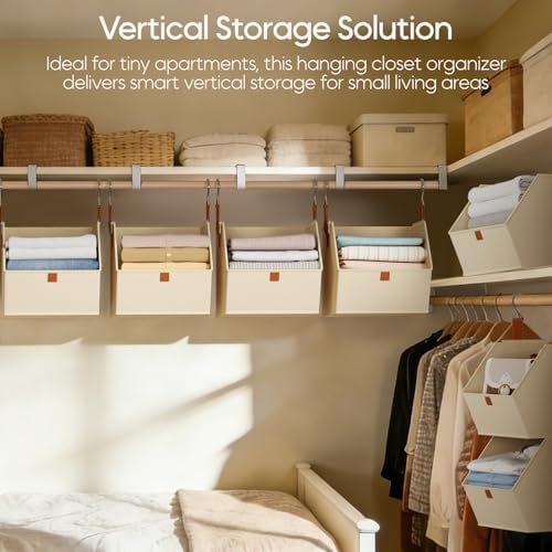 Homsorout Collapsible Hanging Closet Organizer - 3 Tier Closet Shelves Storage System with Hooks, Fabric Hanging Storage Bins for Clothes, Foldable Storage Basket for Laundry, Bedroom, Rv, Beige