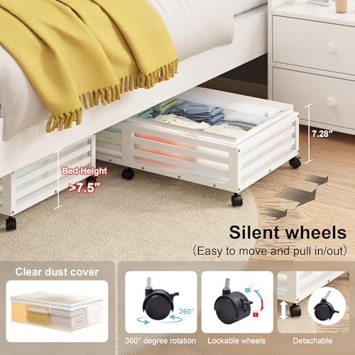Under Bed Storage with Wheels-Large Bamboo Underbed storage Containers with Large Dust Bag Stackable Under the Bed Shoe Storage Bins for Clothes Books Bedding (2 Packs White, 33.07"L×16.54"W× 6.5"H)