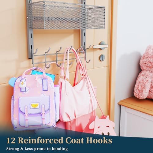 Consumest Over The Door Hooks Organizer - 4 Tier Door Coat Rack with 3 Baskets & 12 Hooks, Stainless Steel Towel Hanger for Bedroom, Bathroom, Living Room, Silver