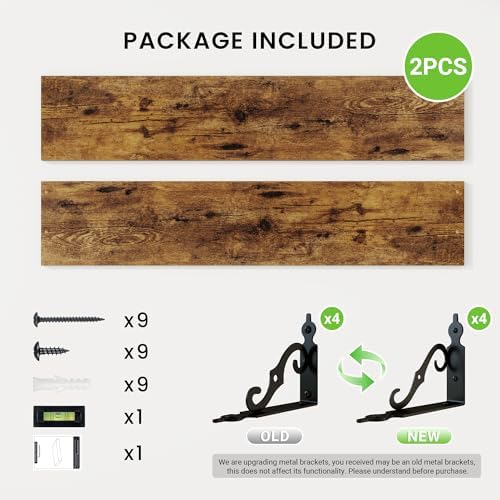 RICHFOCUS Floating Shelves for Wall Decor, 39.4W x 8D Shelves Set of 2, 8 Inch Deep Rustic Wood Shelves Wall Mounted with Brackets, Long Floating Shelves for Living Room Bedroom Kitchen, Rustic Brown