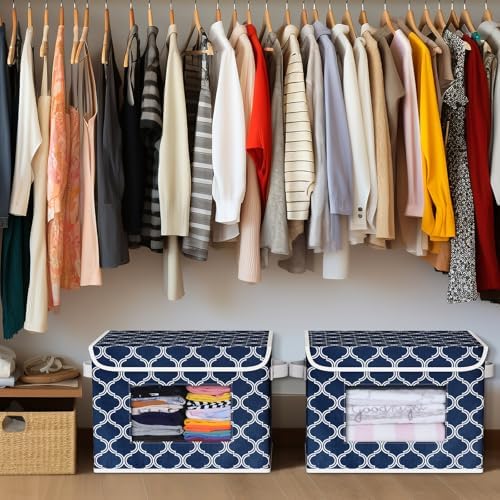 Univivi Fabric Foldable Storage Boxes with Lids, 4 Pack, Blue Lantern