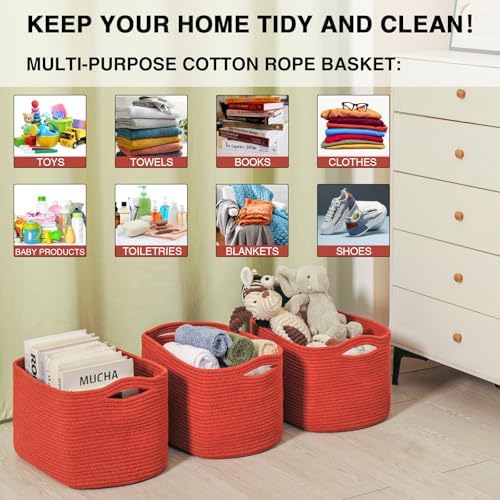 Storage Baskets for Organizing Shelves, Woven Cotton Rope Basket for Storage, Dog Toy Baskets Storage Kids, Cute Shelf Basket for Living Room Bedroom, 14.8"×11"×9.5", Pack of 3, Brick Red