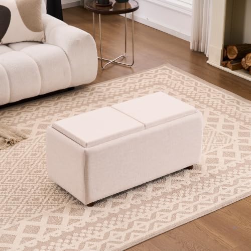 35" Linen Rectangle Storage Ottoman Coffee Table with Tray, Beige