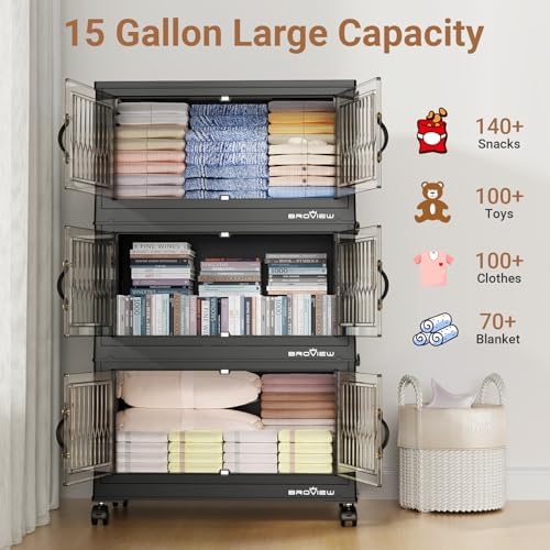 BROVIEW 180Qt Stackable Storage Bins with Lid & Wheels, Plastic Collapsible Closet Organizers and Storage Drawers for Clothes | Foldable Storage Cabinet Container for Dorm Kitchen 3Pack Black