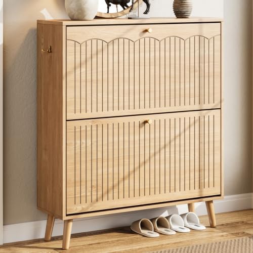 Nicetree Arch-Chic Shoe Cabinet for Entryway, Modern Mid-Century Shoe Storage Cabinet with Fluted, Narrow Shoe Rack for Entryway with Adjustable Shelves & Tipping Protection,Light Oak