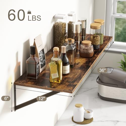 36"W x 12"D Floating Shelves, Deep Floating Shelves with Brackets, 12 Inch Deep Wall Shelves for Books, Wide Display Storage Shelves for Bathroom, Living Room, 36 Inch Long, Rustic Brown, Set of 2