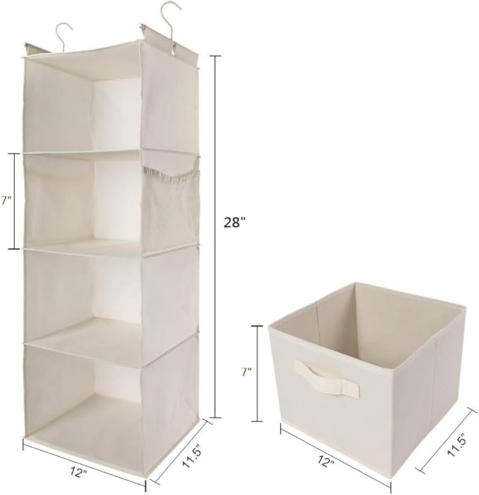 MAX Houser 4-Shelf Hanging Closet Organizer, Space Saver, Cloth Hanging Shelves with 2 Side Pockets, Foldable (Beige) | Foldable Fabric Hanging Shelves for Closet, Cloth Hanging Shelves with 2 sturdy hanging hooks, Small Space Saver