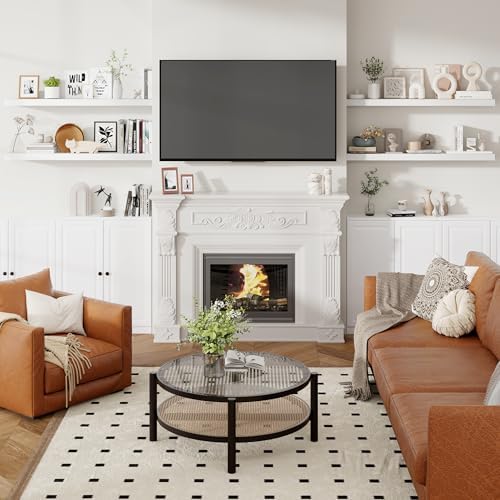 Heimlove 48 Inch Floating Shelves for Wall 8 Inch Deep White Shelves Set of 2,Wall Mounted Rustic Wood Long Floating Shelf，Large Display & Storage Shelf with Invisible Brackets