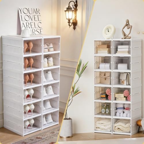 ZLLZUU Shoe Storage Box, No-Assembly 6 Tiers Foldable Shoe Organizer with Clear Door, Space-saving Shoe Rack，Sturdy Clear Plastic Stackable Sneaker Container