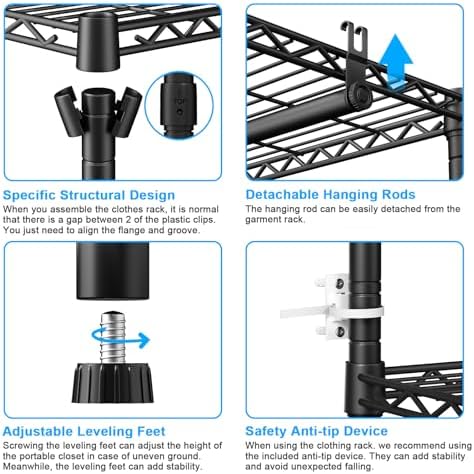 Ulif E10 Clothes Rack（With Stretchable Hanger Rod）Freestanding Clothing Racks for Hanging Clothes，Adjustable Closet Organizer System，Portable Garment Rack 73-97"W x 15" D x 72" H，Max Load 800LBS，Black