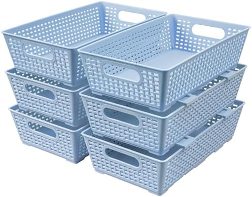 Tiawudi Stackable Woven Plastic Basket, Storage Bins for Cabinet, Closet, Shelf, Under Sink and Countertop, Pantry Organizer Bins, 6 Pack