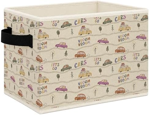 Vintage Car Nursery Foldable Storage Bins Box with Handles, Neutral Car Vehicle Collapsible Toys Books Clothes Organizer Basket for Kids Nursery Room Bedroom Bathroom Playroom