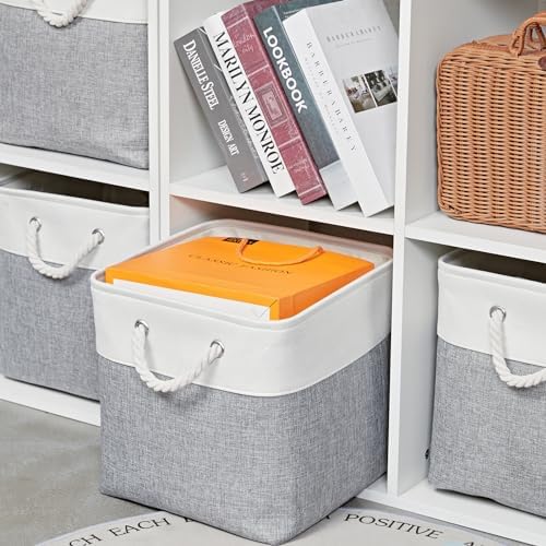 MidmmVick 12 x 12 Inch Cube Storage Bins, 6 Pack Large Collapsible Fabric Storage Bin with Ropes, Foldable Storage Cubes for Home, Office,Closet, Clothes, Toys Organizer (White & Grey)