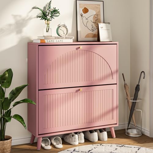 Fsbecl Shoe Storage Cabinet for Entryway with 2 Fluted Flip Drawers, Pink
