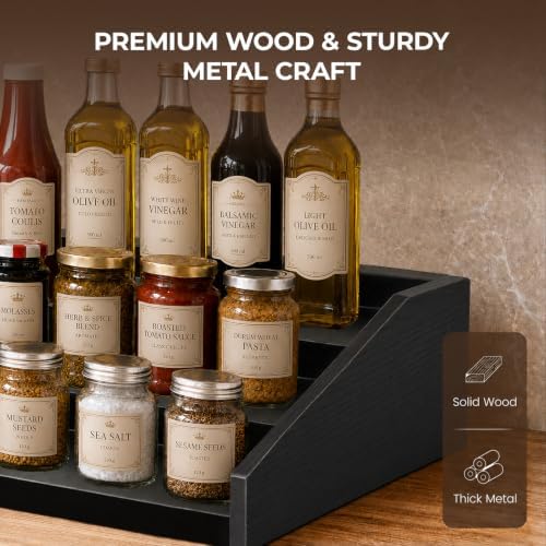 TIOPGHAD 3-Tier Expandable Spice Rack Organizer, 12.8-22.6 in, Black | Adjustable, Countertop Stepped wood & iron Seasoning Organizer, Shelf for kitchen Cabinet Pantry Jars Bottles Syrup