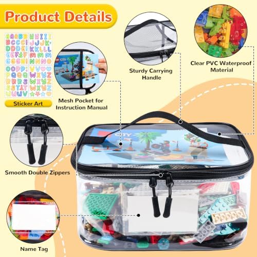 Tesuko 6 Pack Clear Toy Storage Bag with Name Tag& Manual Pocket, Waterproof Transparent PVC Toy Organizer Case for Lego Bricks, Board Games, Building Blocks, Puzzles (Large Capacity, Black)