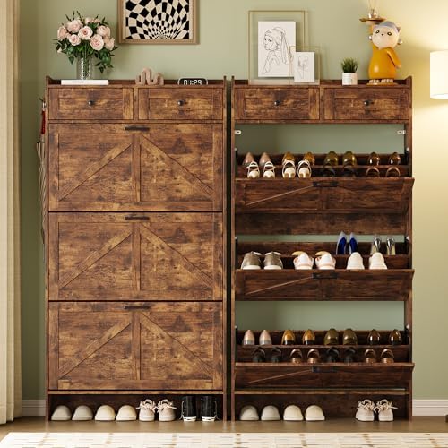 BORNOON Shoe Storage Cabinet for Entryway, Farmhouse Narrow Shoe Cabinet with 3 Flip Drawers & 2 Top Drawers, Adjustable Shelves & Hooks, Freestanding Hidden Rack Organizer for Hallway, Foyer