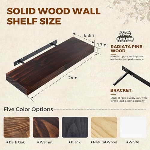 24x6.8x1.7in Solid Wood Floating Wall Shelf Set of 2 Walnut Finish