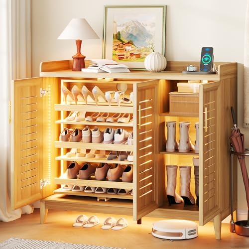 Vlsrka Rotating Shoe Storage Cabinet with Slatted Doors and Lights, Wood